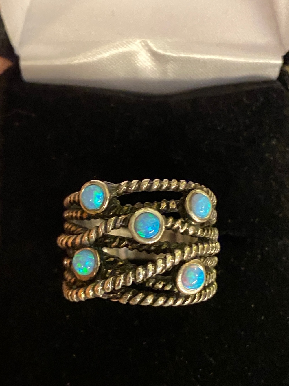 925 Sterling Silver Blue Opal Multi-Band Statement Ring Size 7